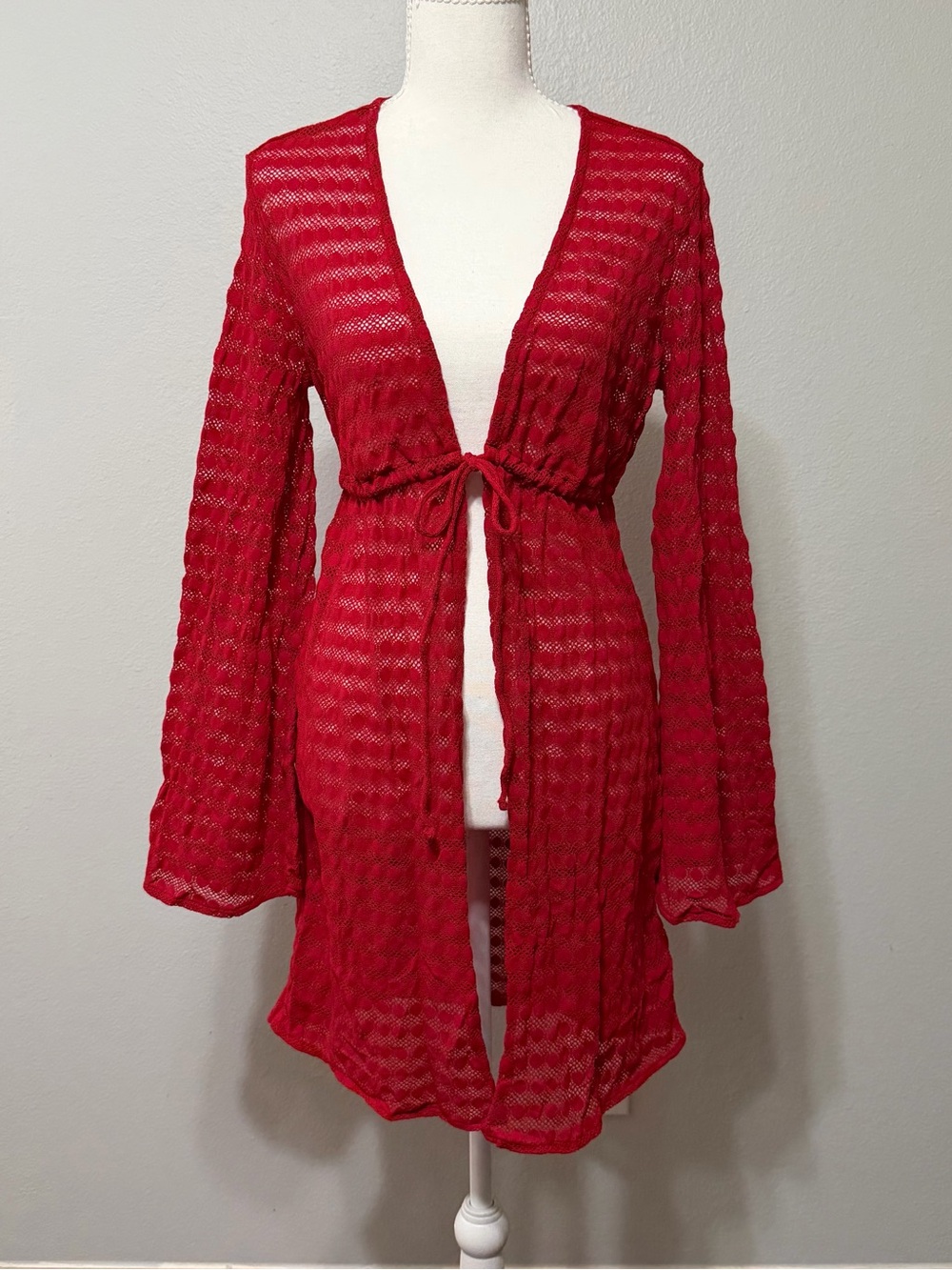 Jantzen Boho Open Knit Sheer Cardigan Red Bell Sleeves Tie Front Festival Small